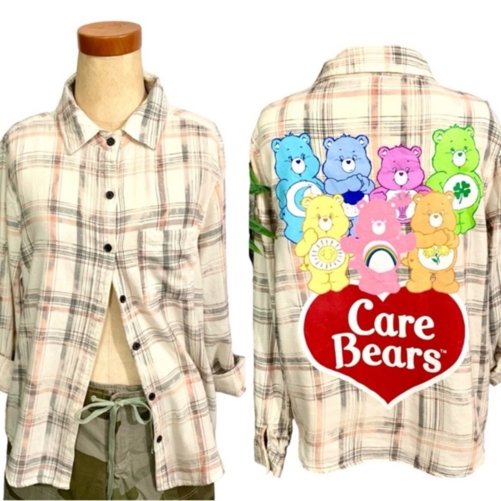 Care Bears Graphic Bleached Plaid Button Front Long Sleeve Flannel Shirt- XS